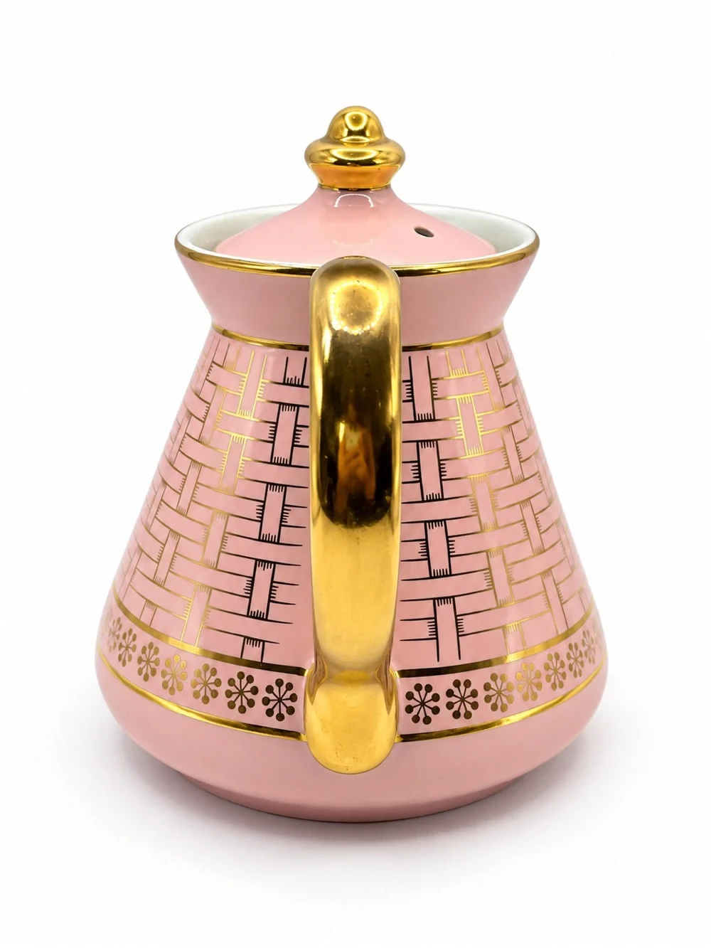 Vintage Hall Philadelphia Basket Weave Pink & Gold 6-Cup Teapot Made in USA
